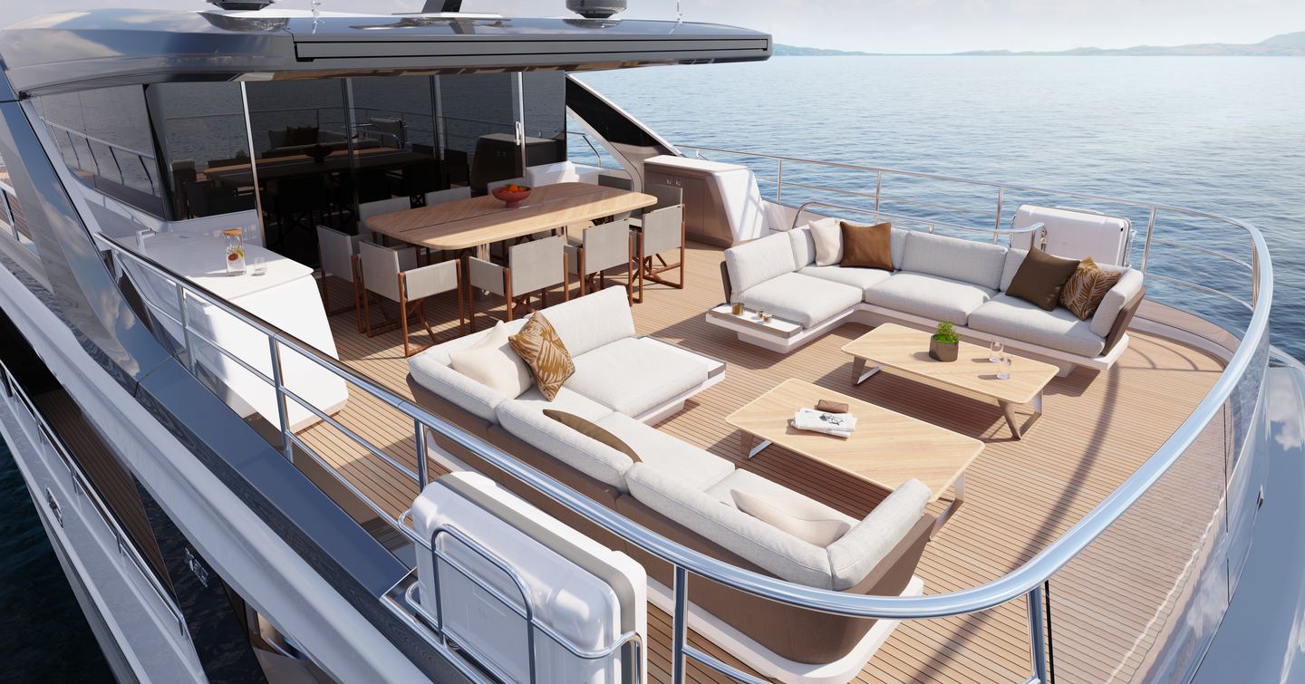 Rendering of Princess X90 motor yacht flybridge with L-shaped white seating and shaded alfresco dining