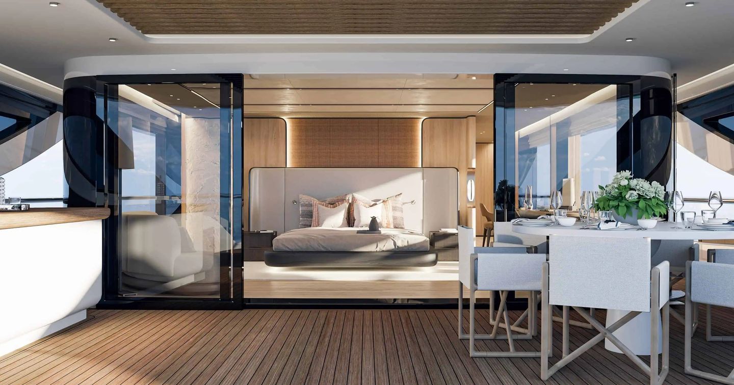 Rendering of Benetti B.Now 52M superyacht master cabin with glass sliding doors and private terrace
