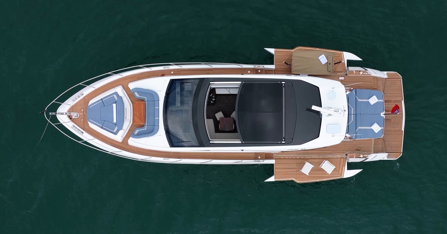 Fairline Targa 58 GTO viewed from above with folding terraces deployed