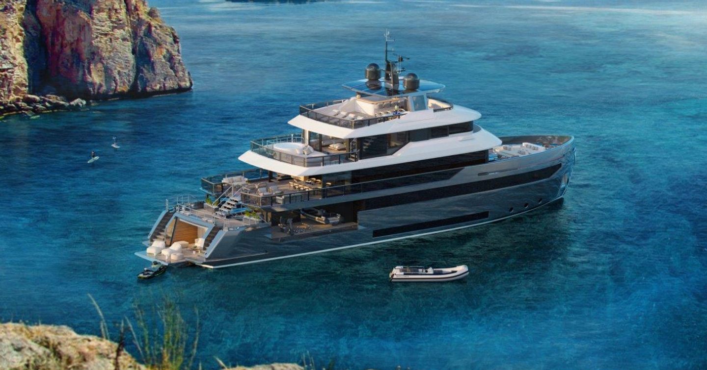 Benetti B.YOND 37m rendering, surrounded by sea, with cliff on portside.