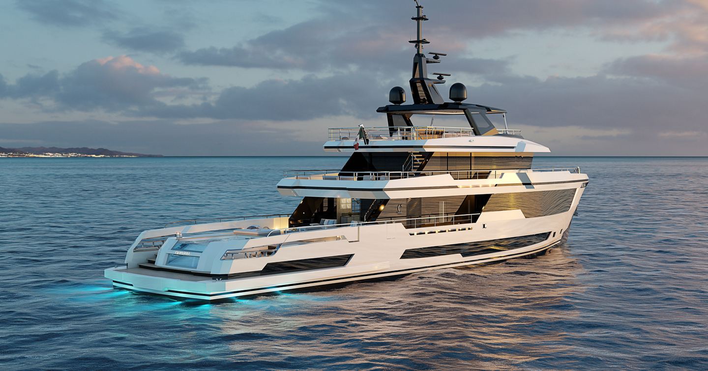 Rendering of Columbus Crossover 42 superyacht at anchor with underwater lights