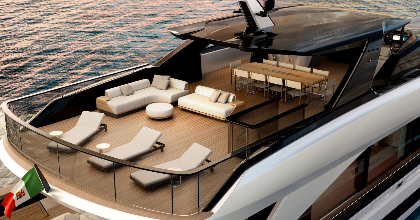 Rendering of Maiora M|38 superyacht sundeck with shaded and open seating