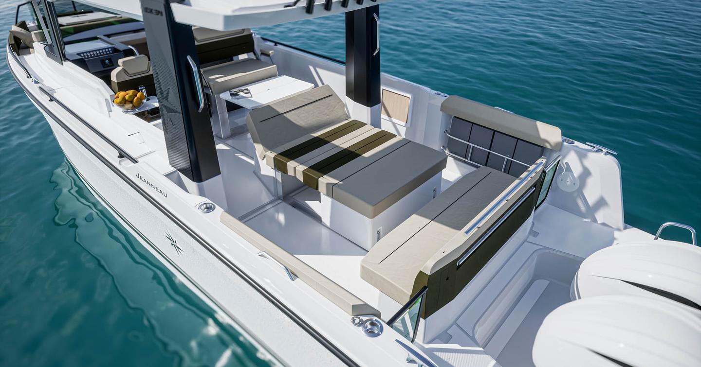 Rendering of Jeanneau EX 34 Hard Top boat aft with modular seating 