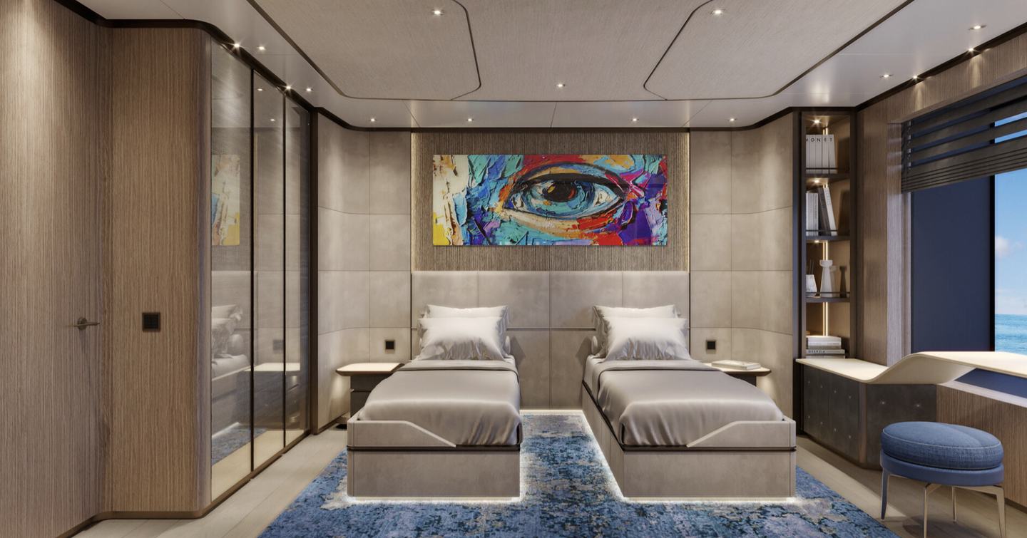 Rendering of Sanlorenzo 75Steel Superyacht Silver Fox twin cabin with abstract artwork