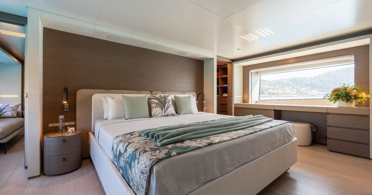  Custom Line motor yacht Kiki V master cabin with large window 