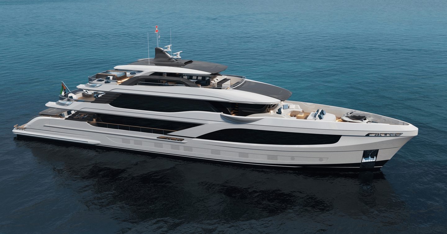 Rendering of Gulf Craft Majesty 145 superyacht at anchor