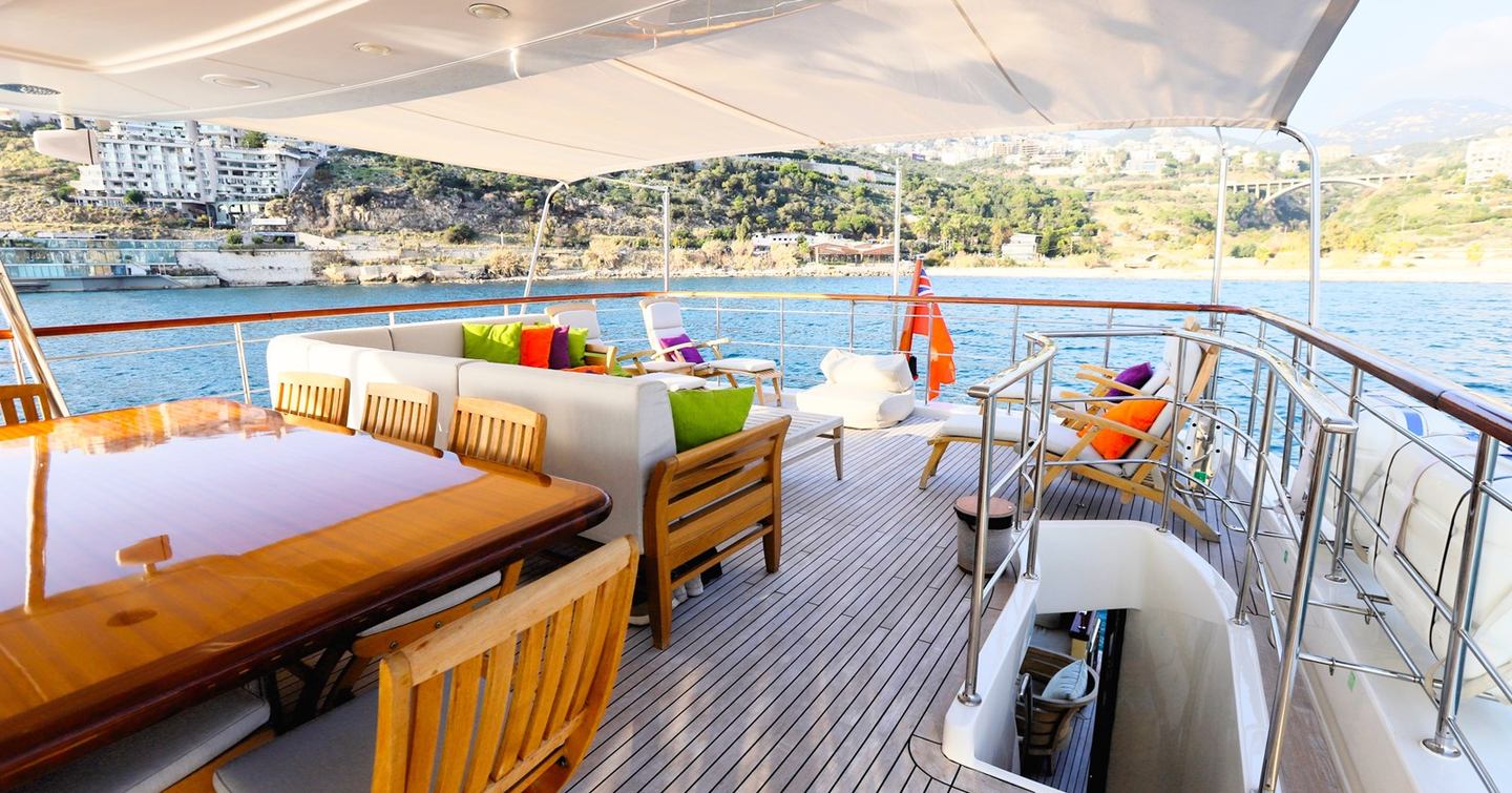 Motor yacht Lady Alina's upper deck with shaded seating 