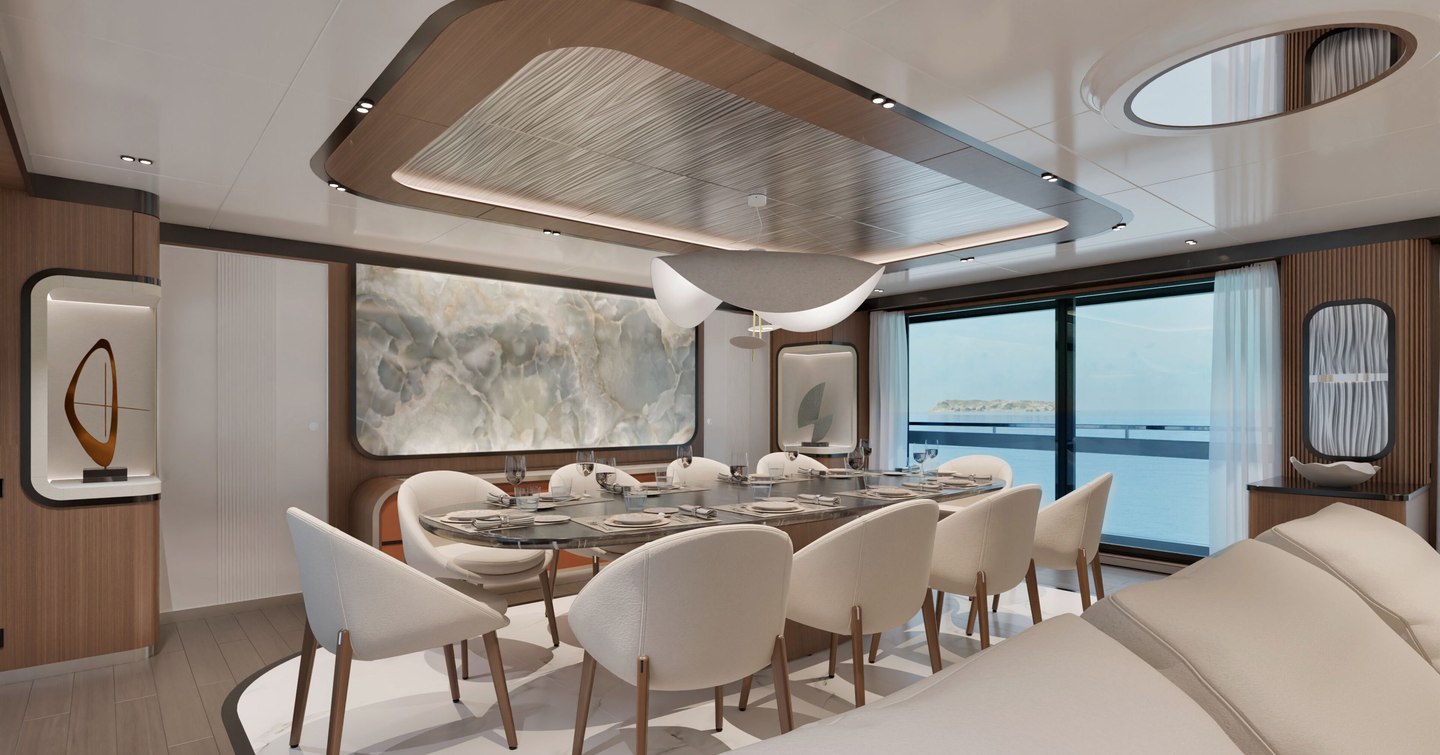 Rendering of GX42 superyacht main saloon dining area