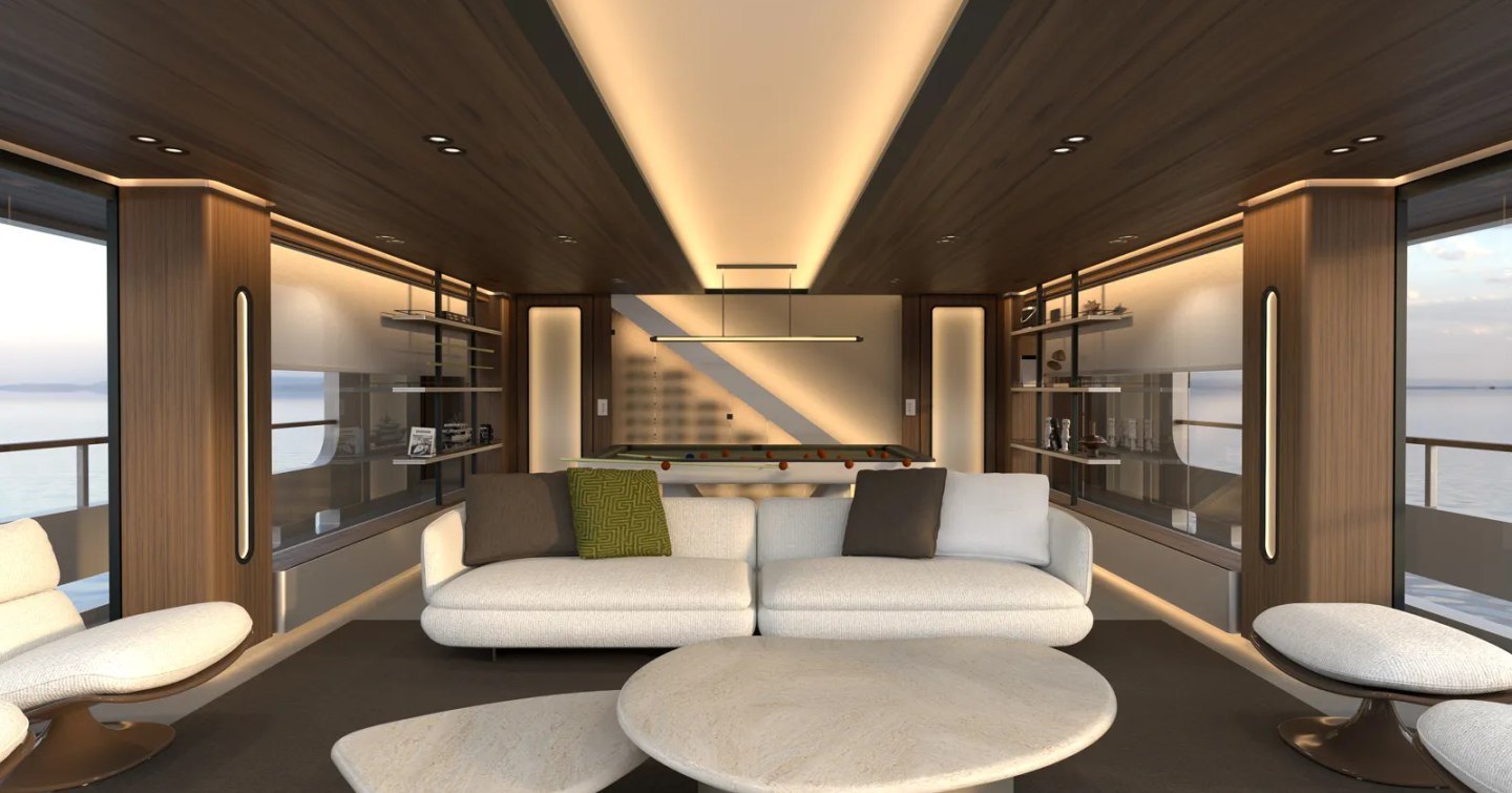 Rendering of Hydro Tec Vagrant explorer yacht interior with cream sofa and round coffee table 