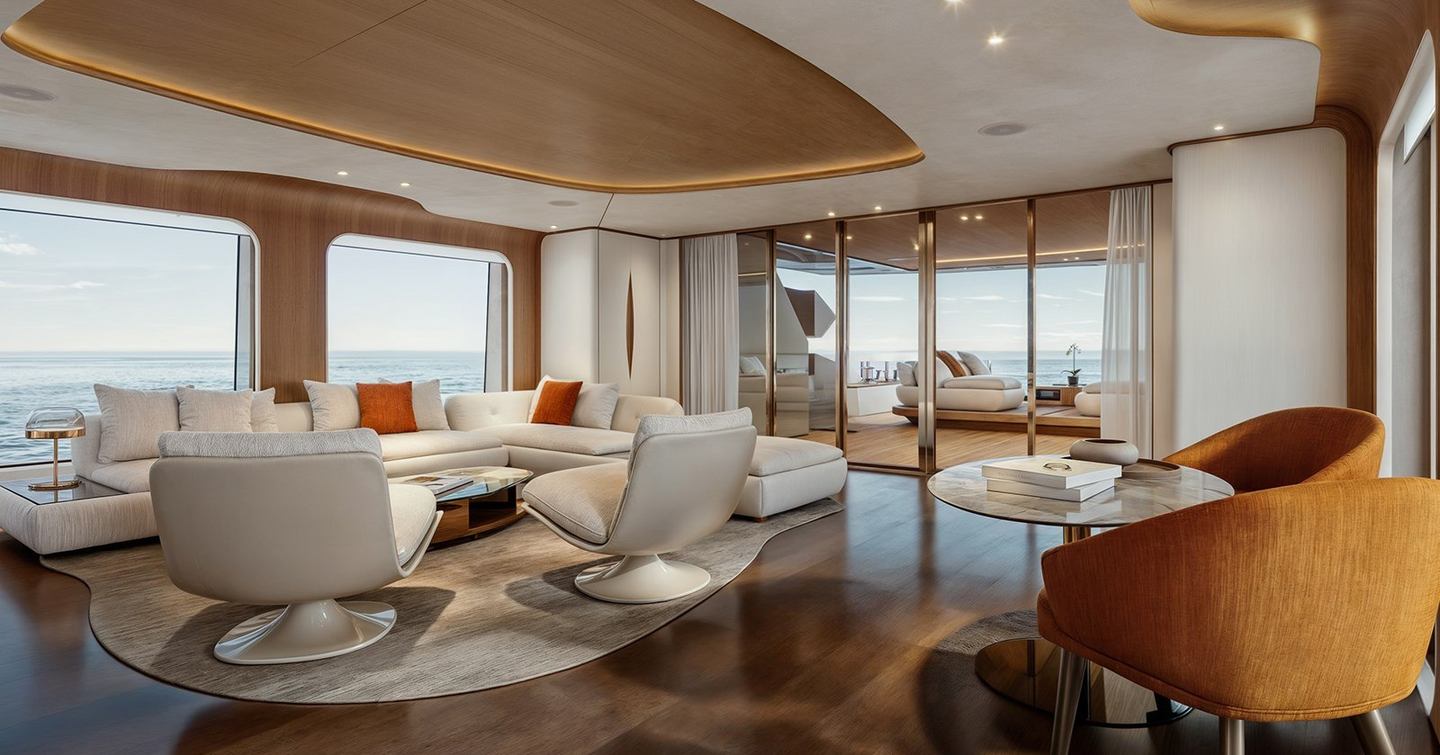 Rendering of the first Maiora 36 Exuma Motor Yacht saloon with coffee table and white sofas