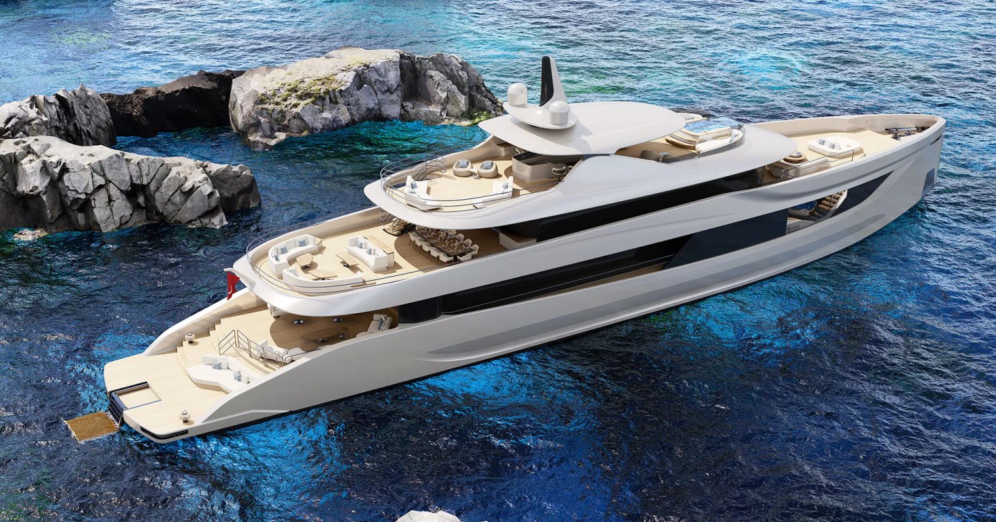 Rendering of LIVIA Core superyacht at anchor
