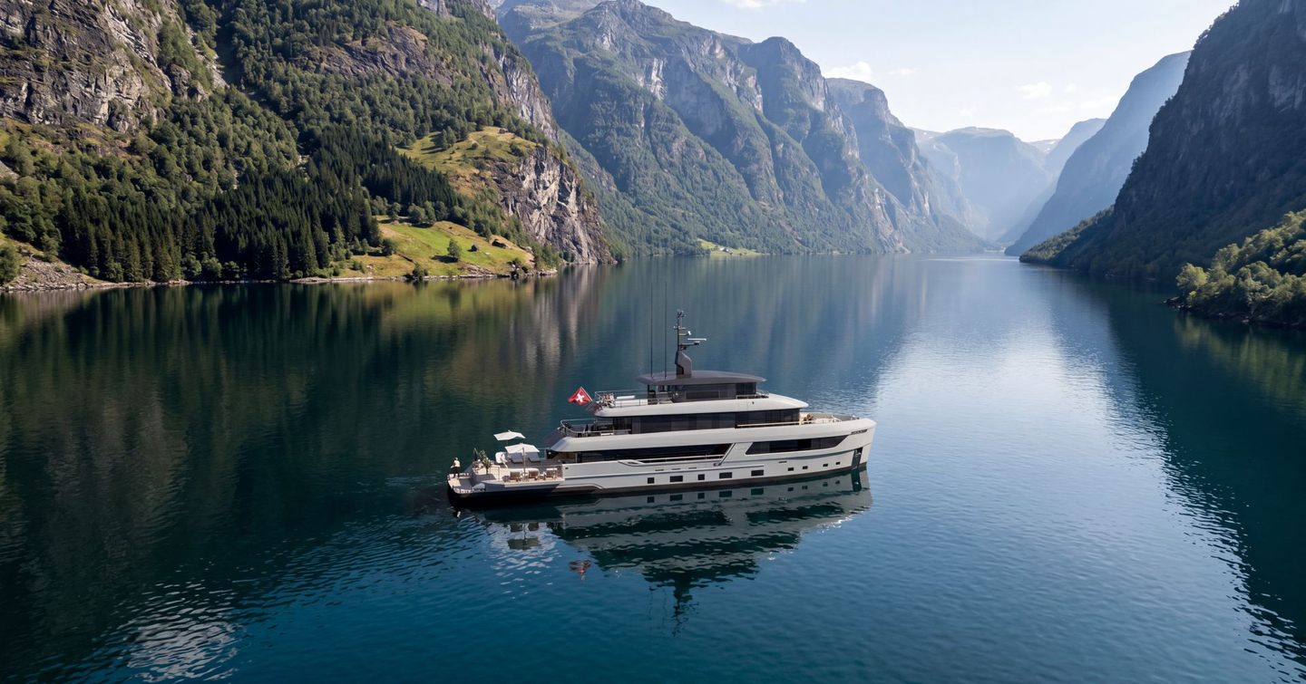 Rendering of Bearing 130 Superyacht cruising 