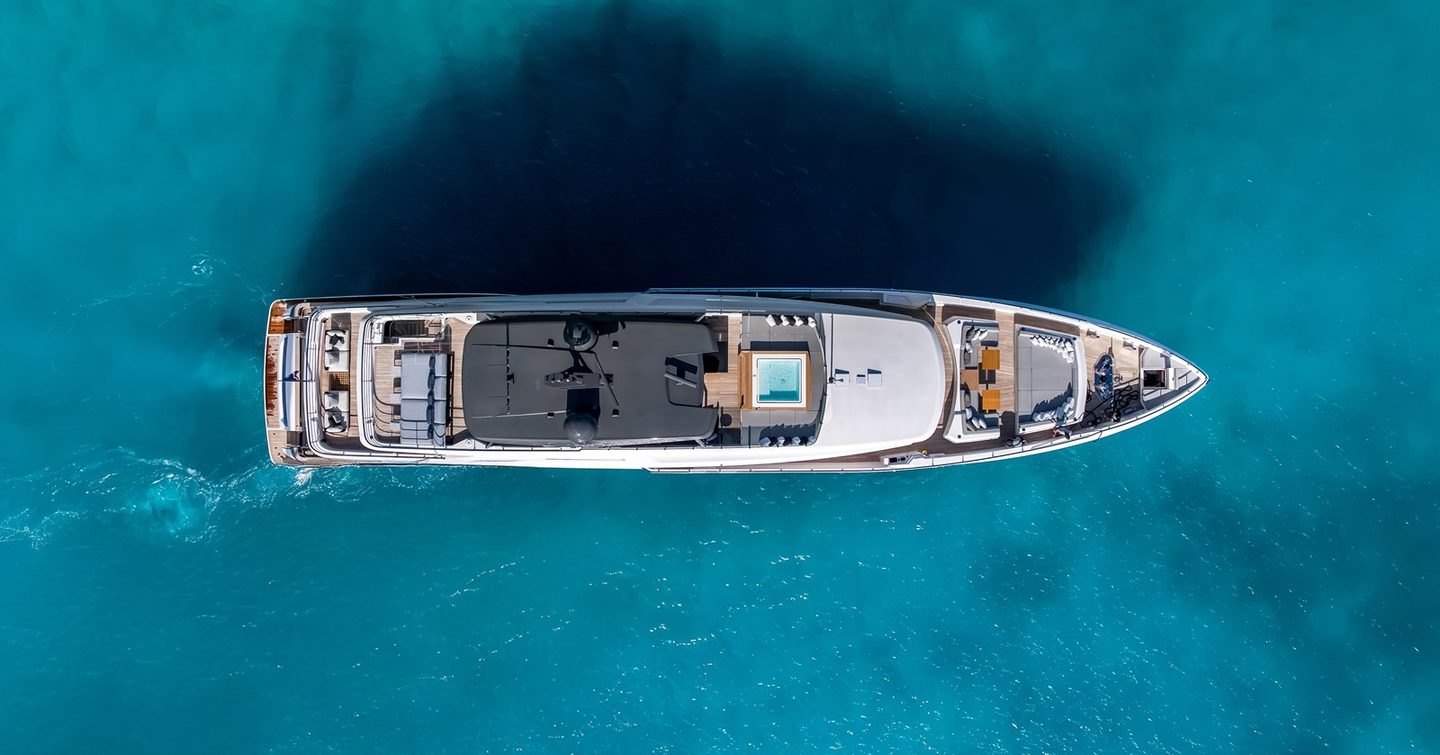 Aerial view of Custom Line Navetta 42 Motor Yacht Future under way 