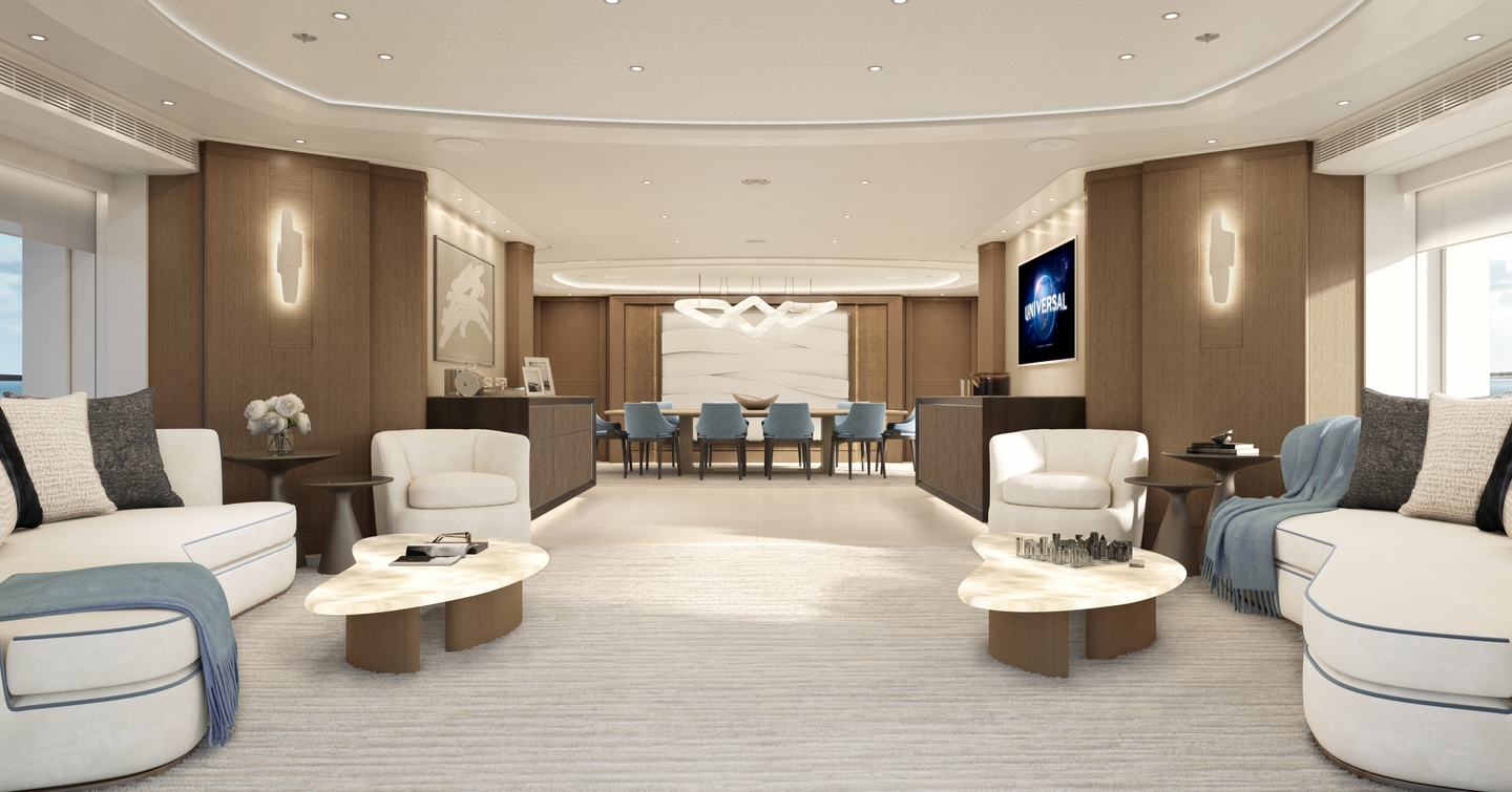 Rendering of superyacht Project Evita main saloon with curved seating and blue accents