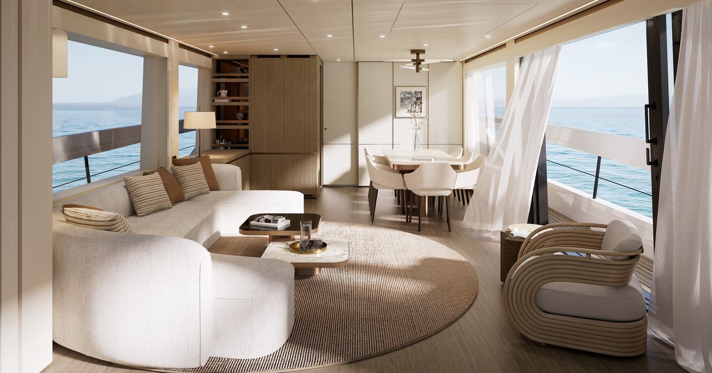 Rendering of Azimut Seadeck 9 saloon with curved white seating 