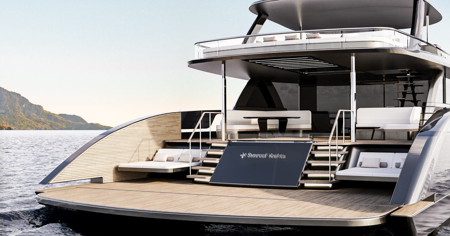 Aft view rendering of Sunreef 88 Ultima at sea, swim platform visible with stairs leading to main deck