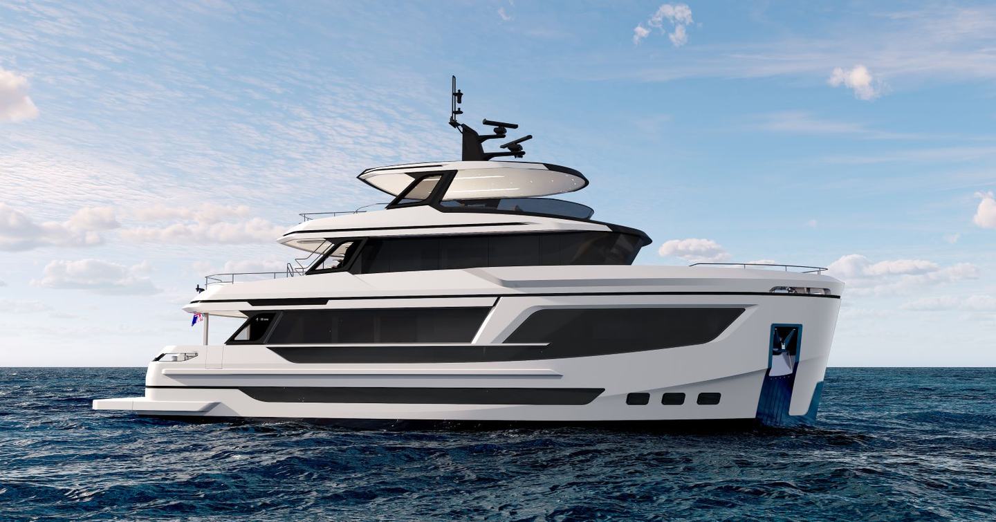 Bering 88 motor yacht at anchor side view 