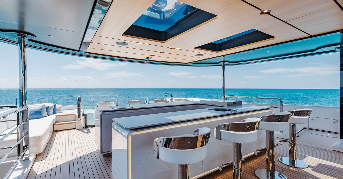 Mangusta Oceano 44 Superyacht upper deck with shaded bar area