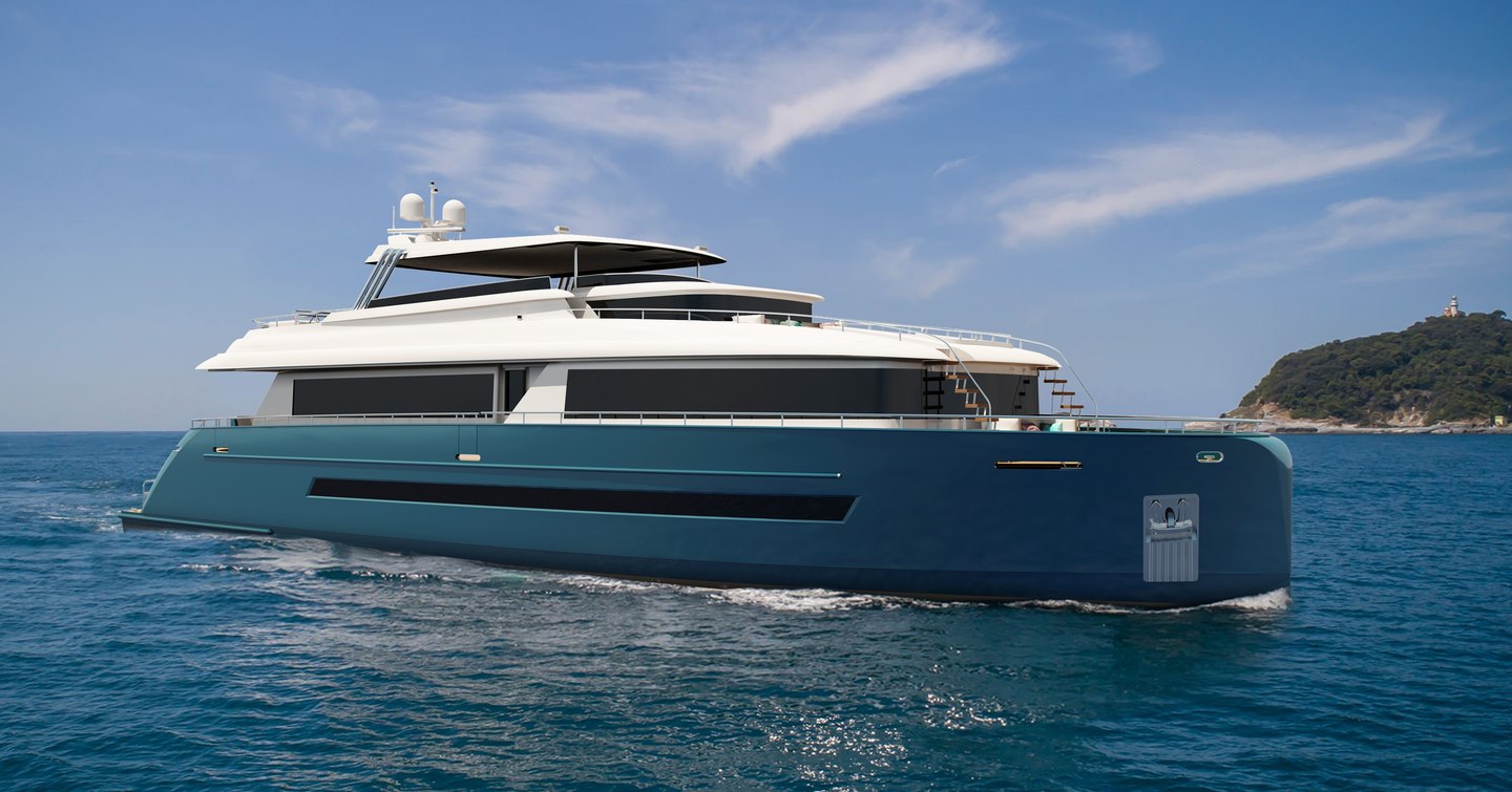 Rendering of StellarONE ST108 motor yacht under way