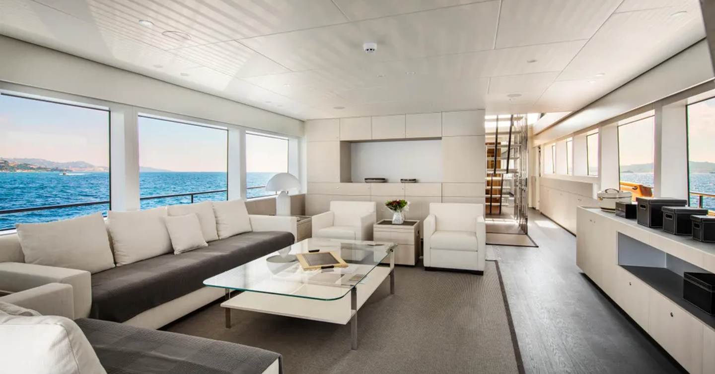 Superyacht Jangada main saloon with cream furnishings
