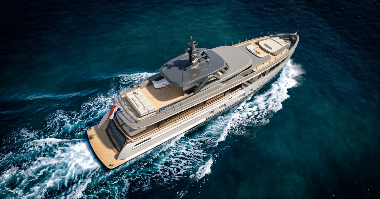 Aerial view of Rendering of Mulder 122 Superyacht under way 