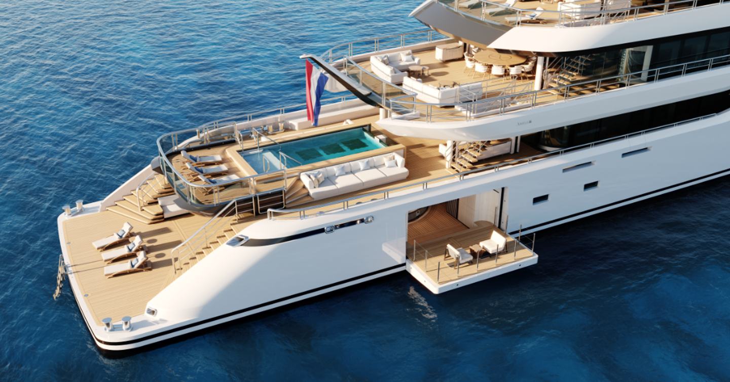 Amels 80 model rendering aft decks with fold down balcony and infinity pool