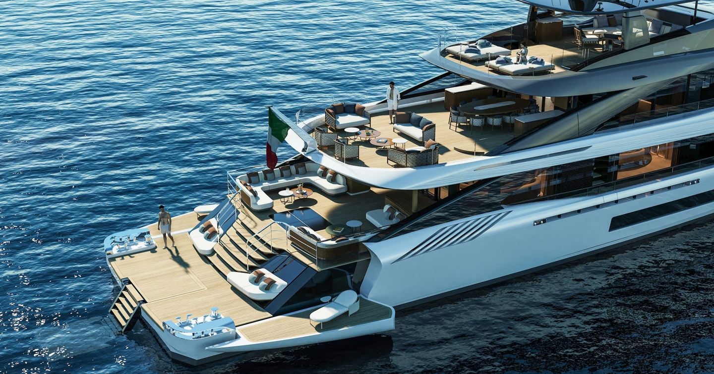 Rendering of Mangusta Gransport 50 motor yacht stern with fold our aft sides and multiple sunbathing areas 