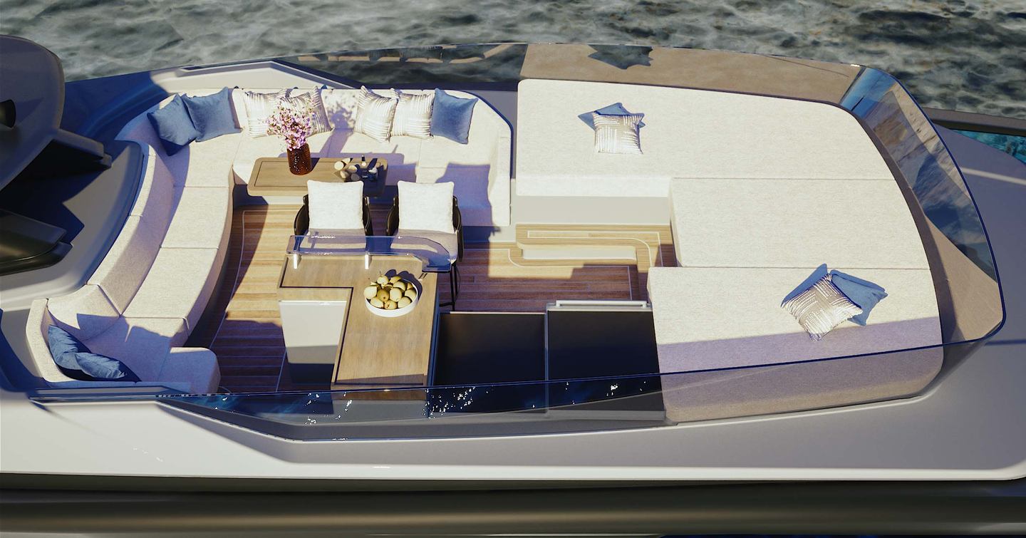 Rendering of second Extra X90 FAST motor yacht sundeck with white sunpads and module furniture 