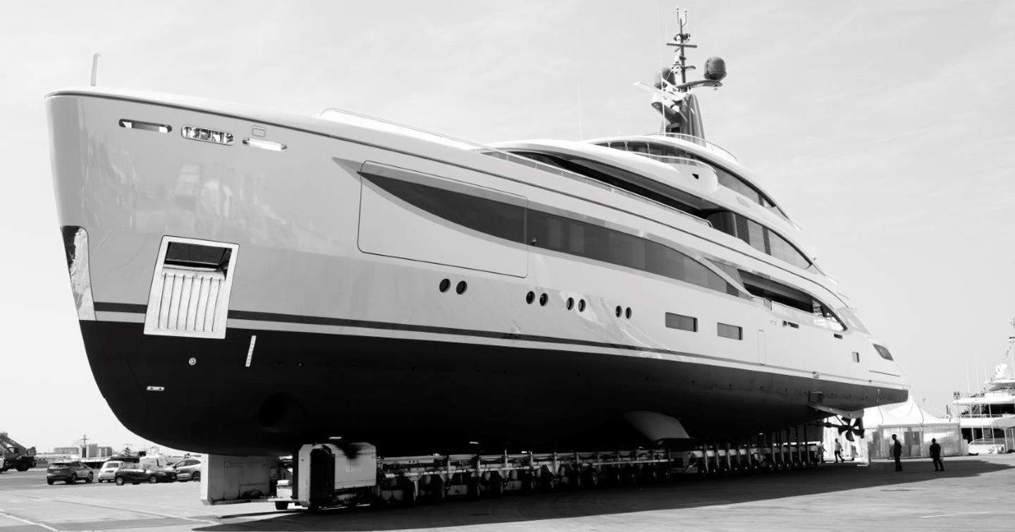 A black and white photo of Benetti's B.Now 67 Oasis IRYNA sitting on rollers prior to being launched