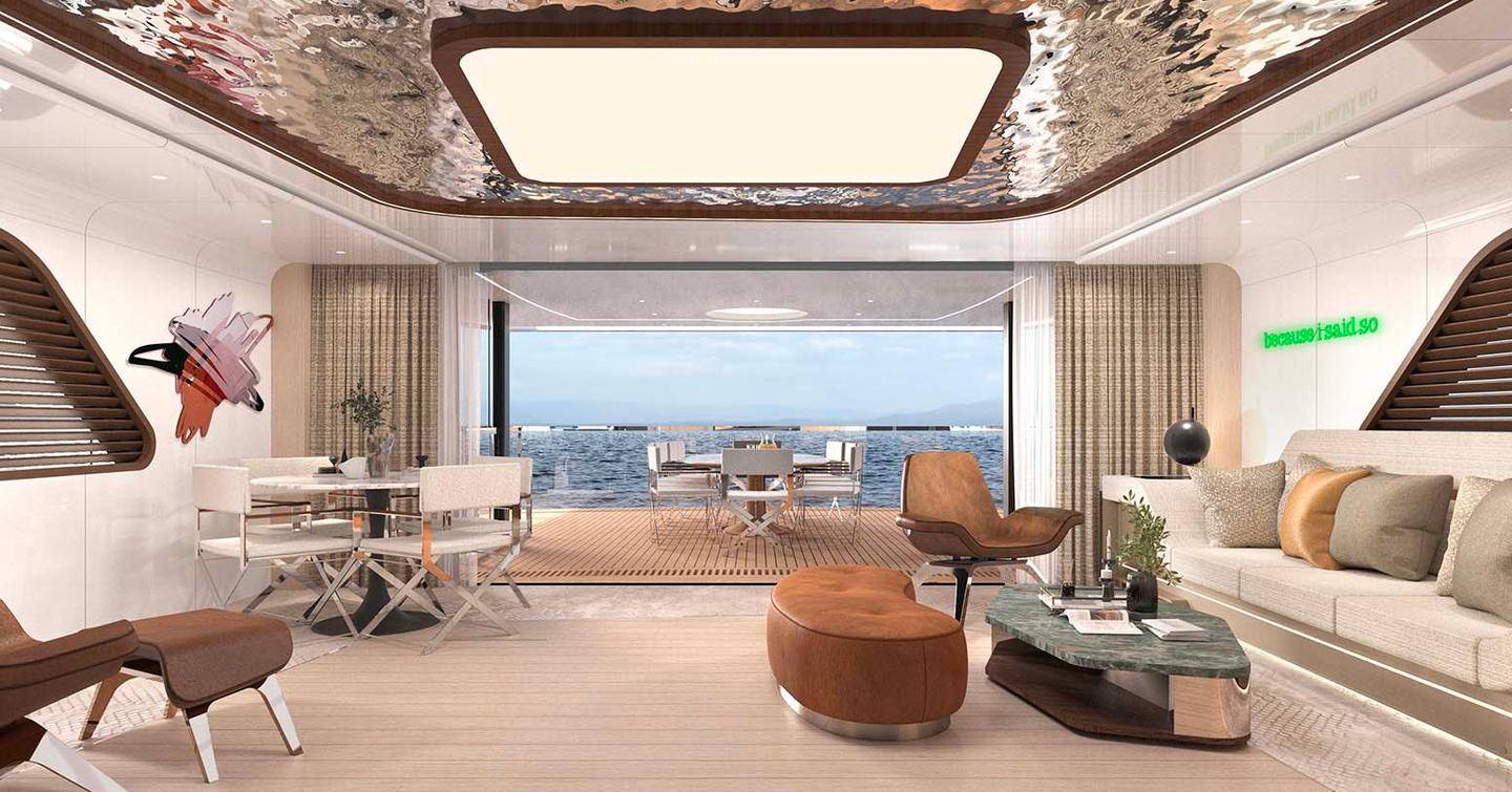 Rendering of Amer 42 Explorer Yacht Even Further saloon with mirrored ceiling , white sofa, marbled coffee table and sliding doors 