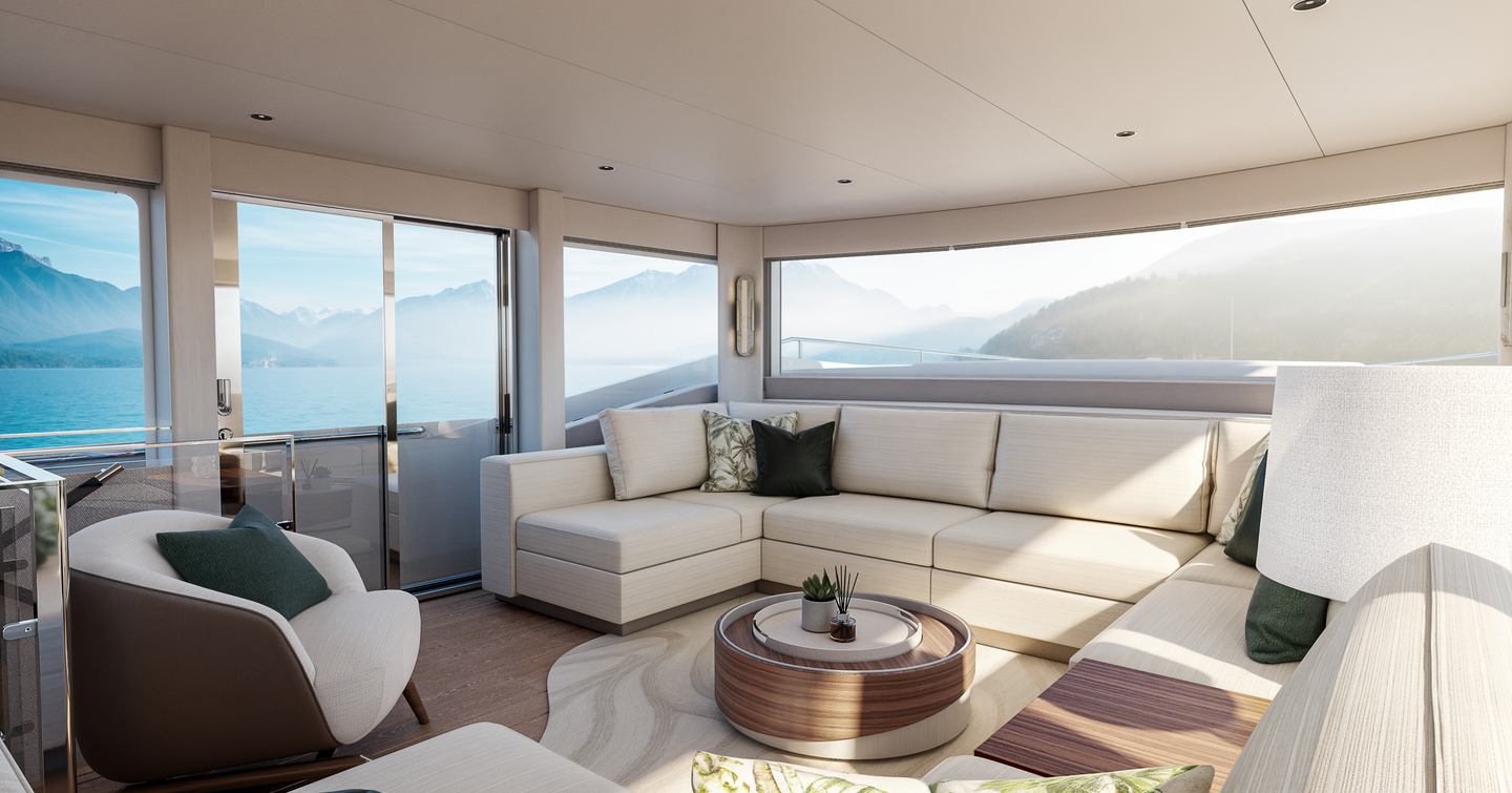 Rendering of Sunseeker 74 Ocean motor yacht main saloon with L-shaped sofa
