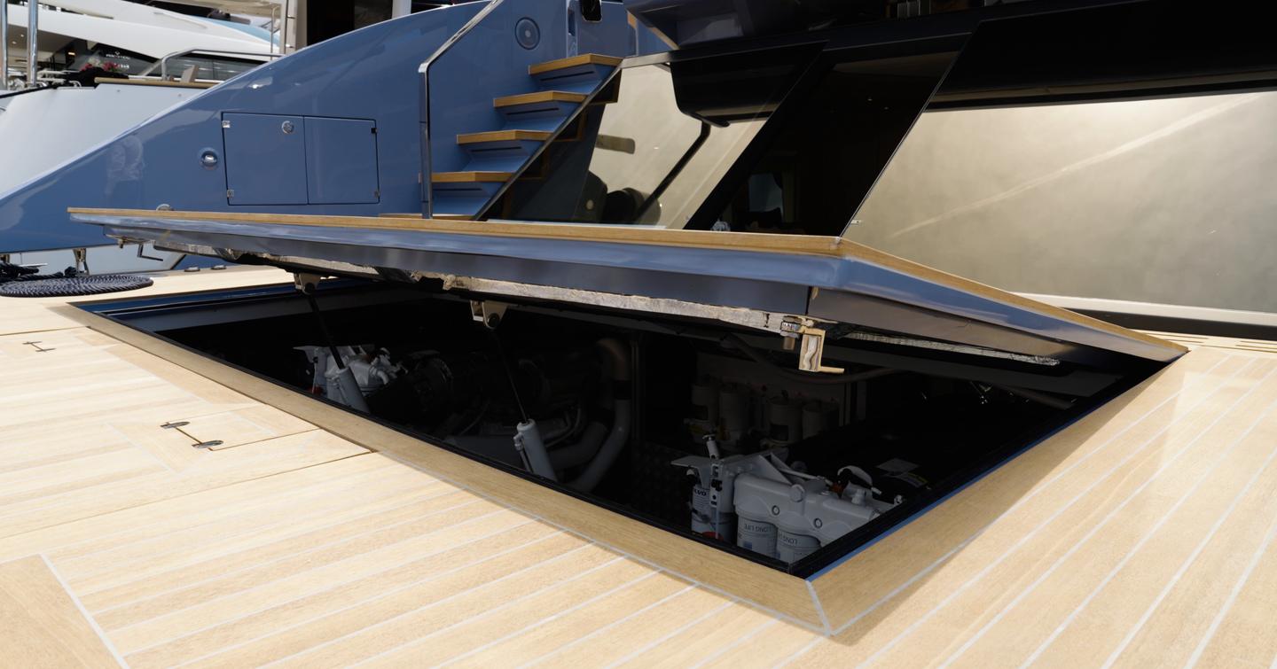 Manda S07 Berlinetta engine hatch lifted on aft deck showing access to Volvo Penta IPS engine room