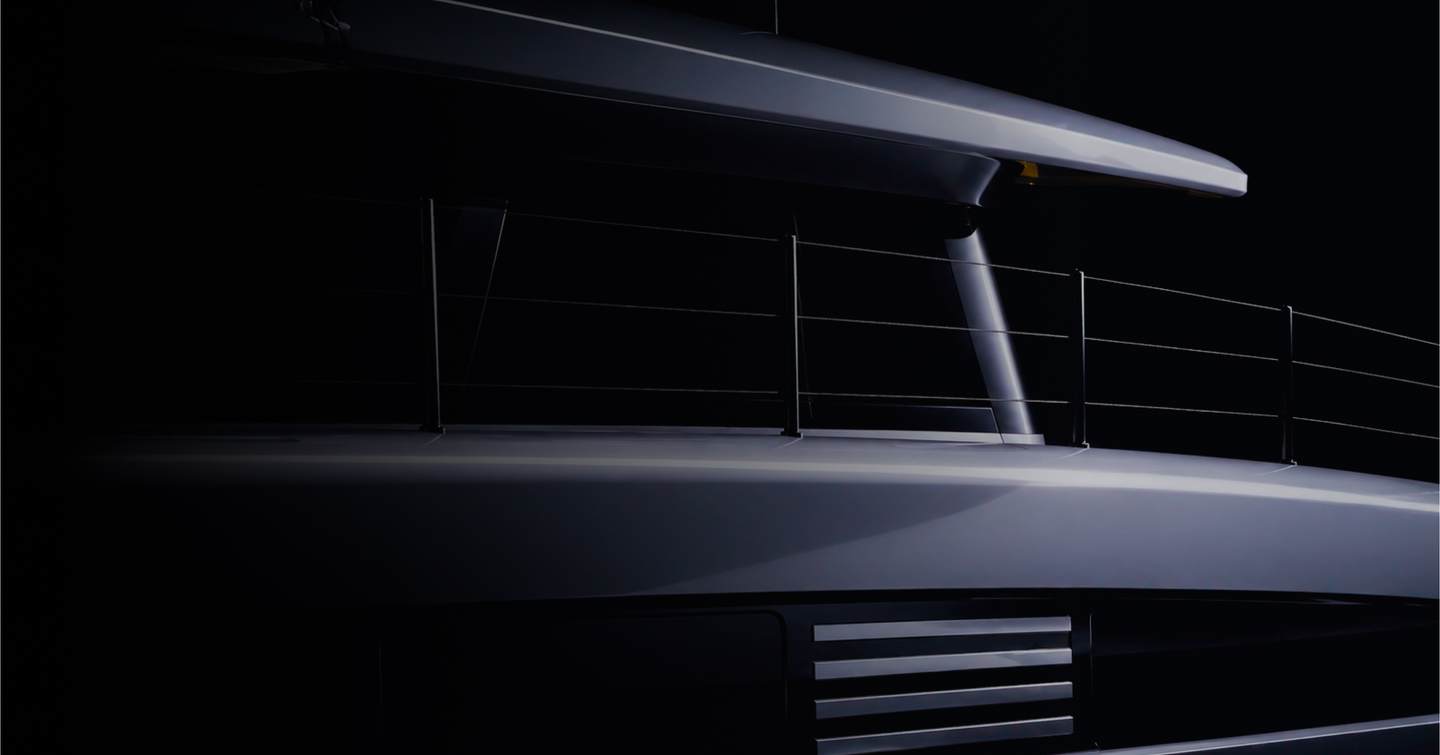 Close up sketch of Pioneer Yachts PY60 Catamaran in black and white 