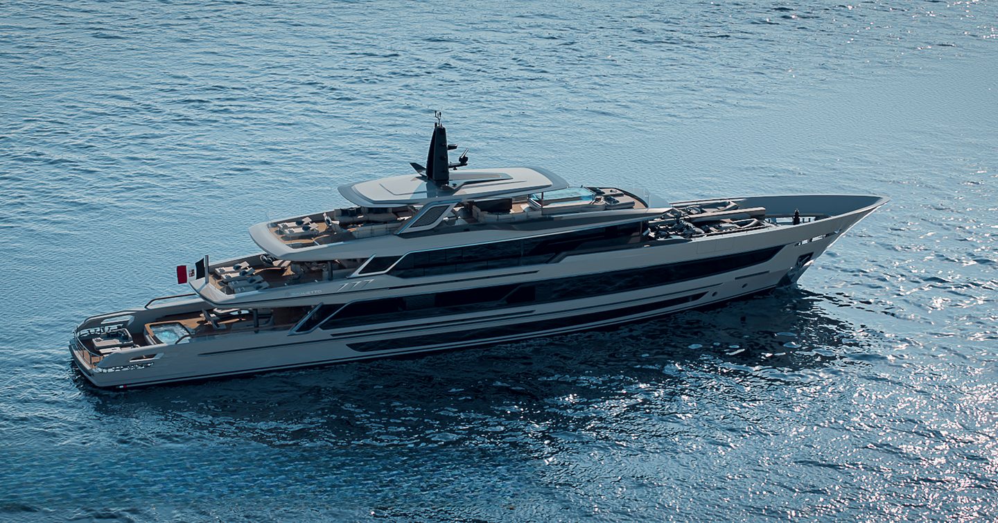 Rendering of Baglietto T54 motor yacht at anchor