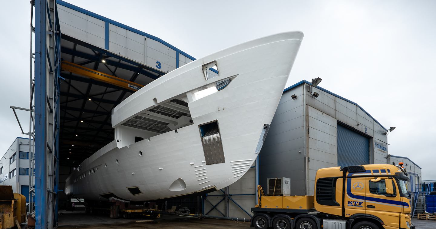 Motor yacht Project Grace hull in construction at the shipyard 