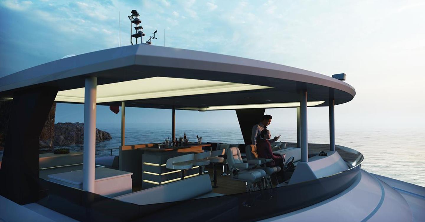 The flybridge offers expansive views and areas for relaxing amid sea views