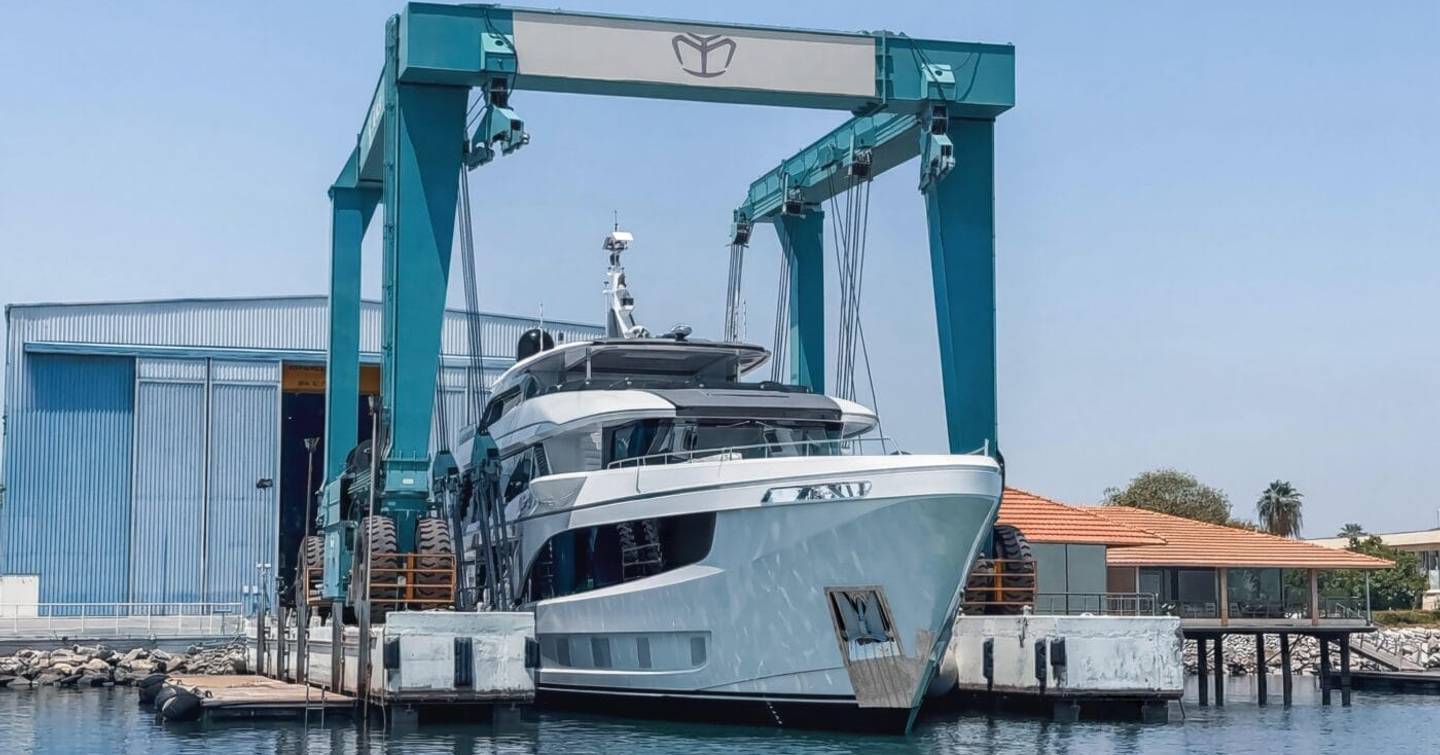 Gulf Craft Majesty 145 Superyacht Suzie Q entering the water at launch
