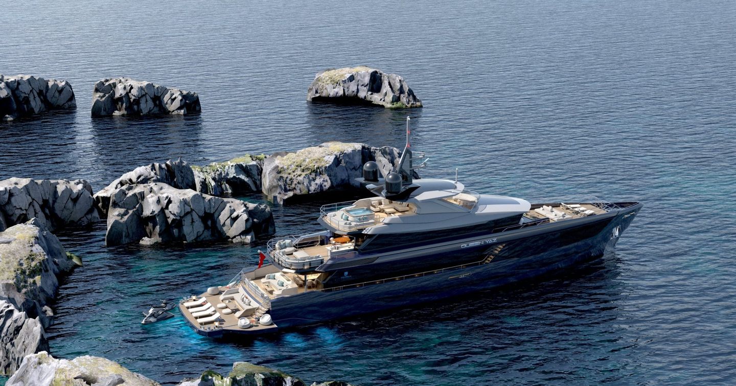 Rendering of Dearsan Superyacht Queen Yaz at anchor next to rocks 