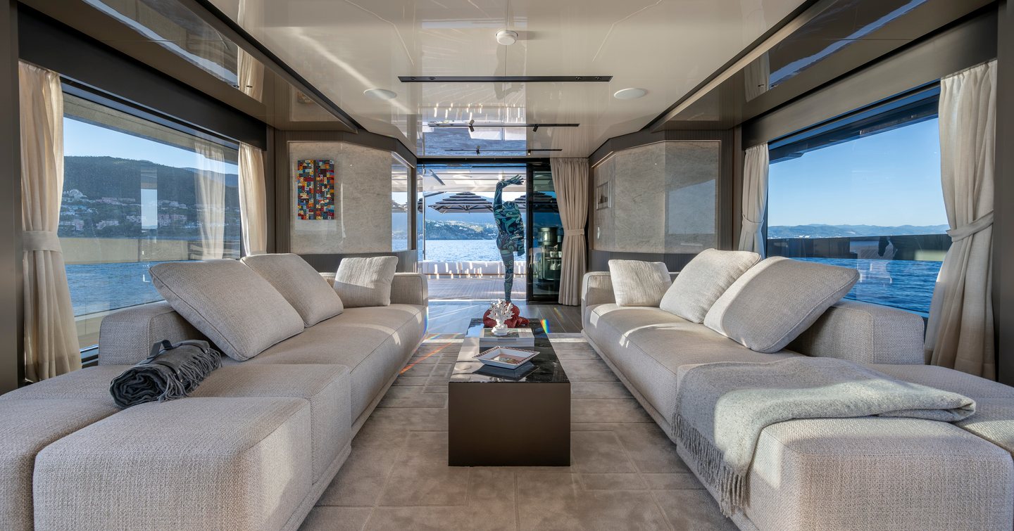 Columbus Atlantique 38M Superyacht Principessa Capricciosa main saloon with dual white sofas