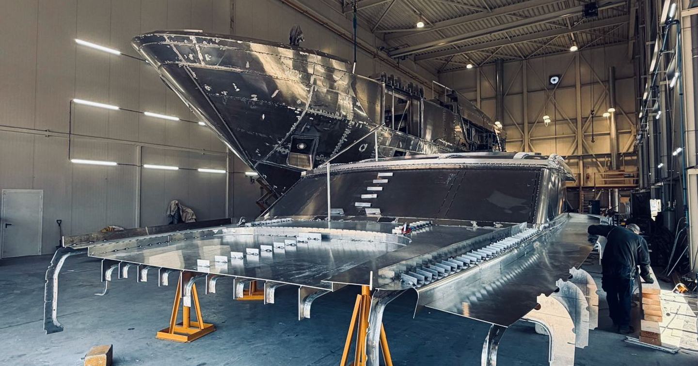 Superyacht Project Berlin under construction with hull and wheelhouse seperated 