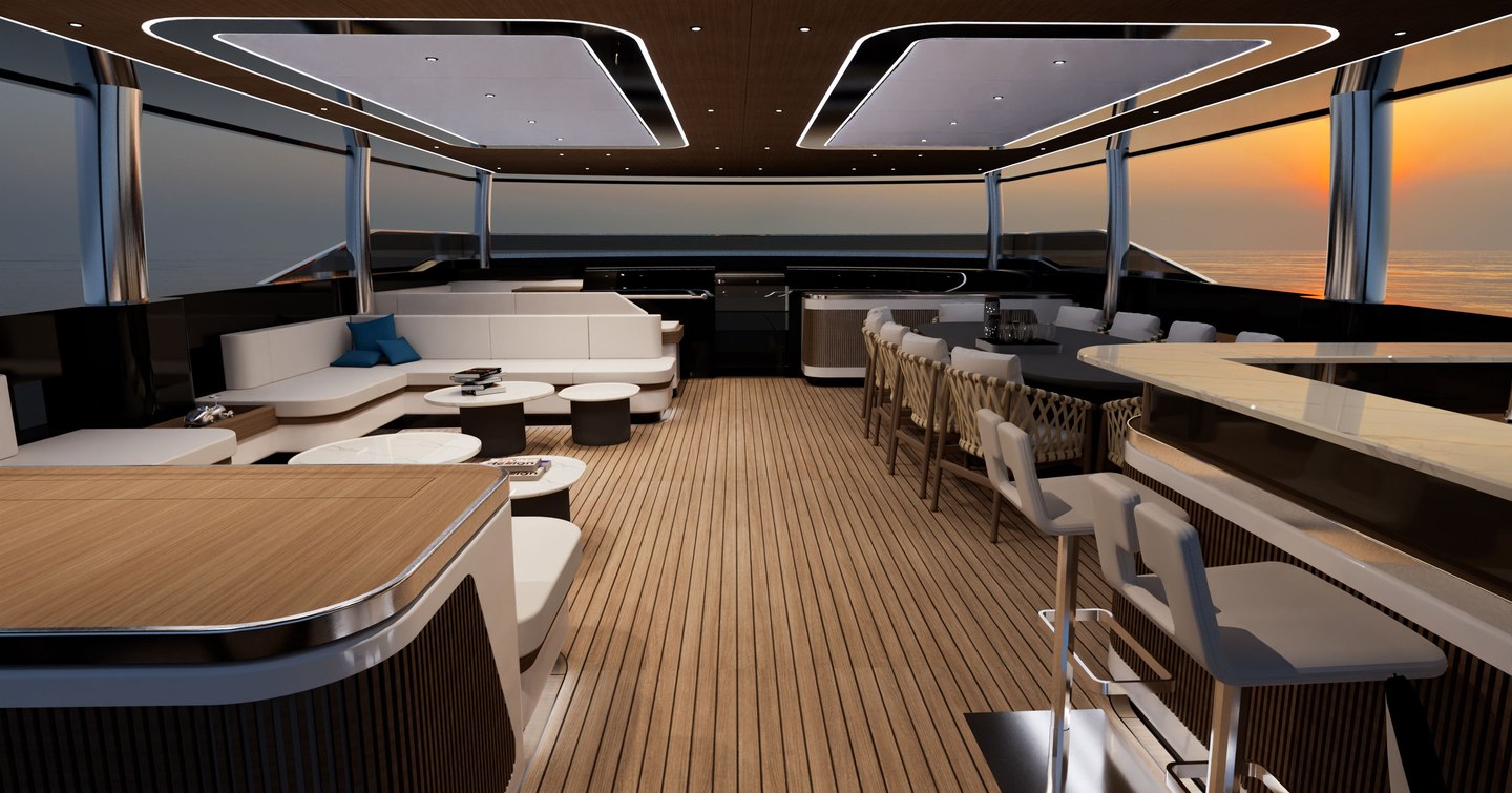 Rendering of GX42 superyacht flybridge at dusk