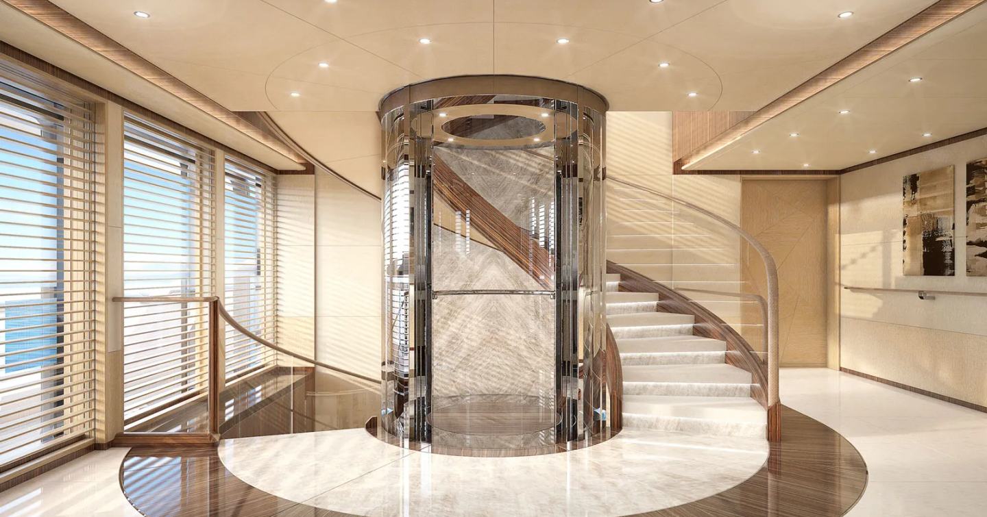 Rendering of Superyacht Project Tanzanite interior spiral staircase