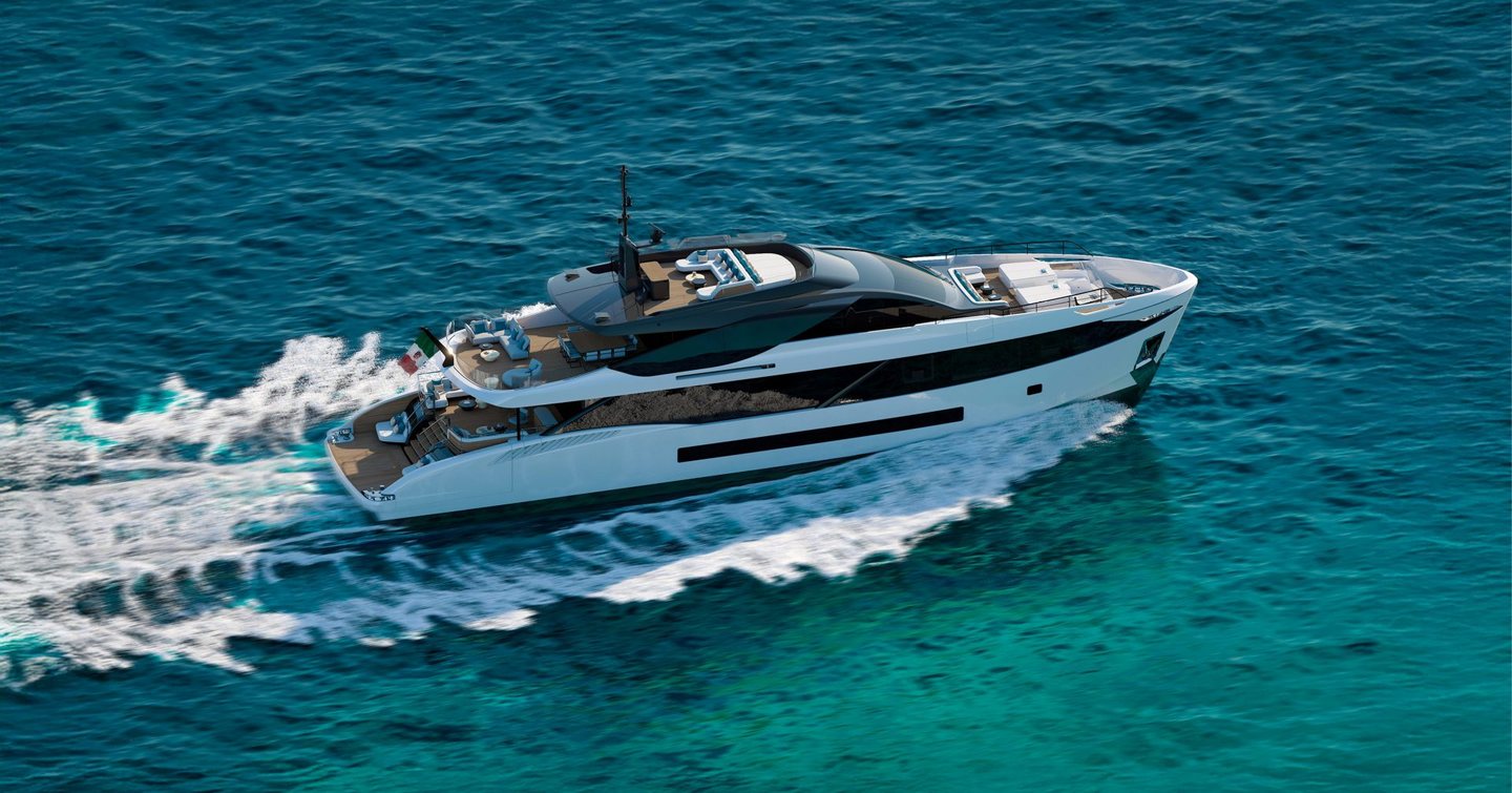 Rendering of Mangusta GranSport 38 motor yacht under way 