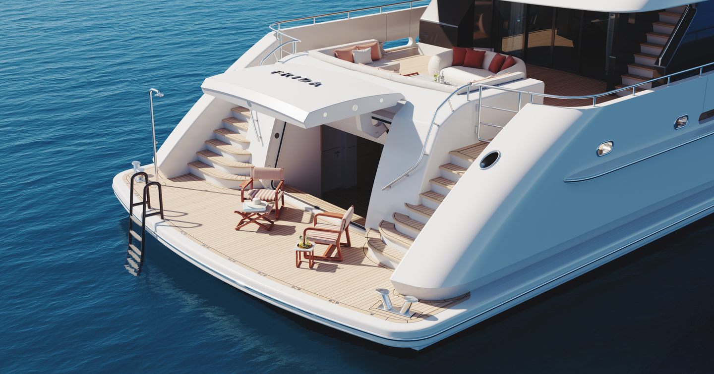 Rendering of Superyacht Project Frida beach club with sun loungers and hydraulic stern