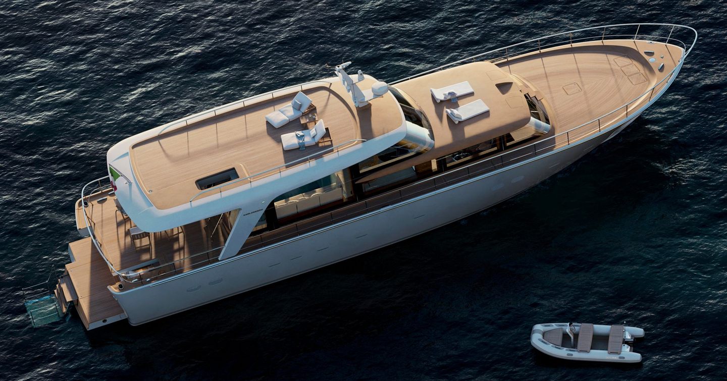 Aerial rendering of Sanlorenzo SHE motor yacht at anchor next to tender