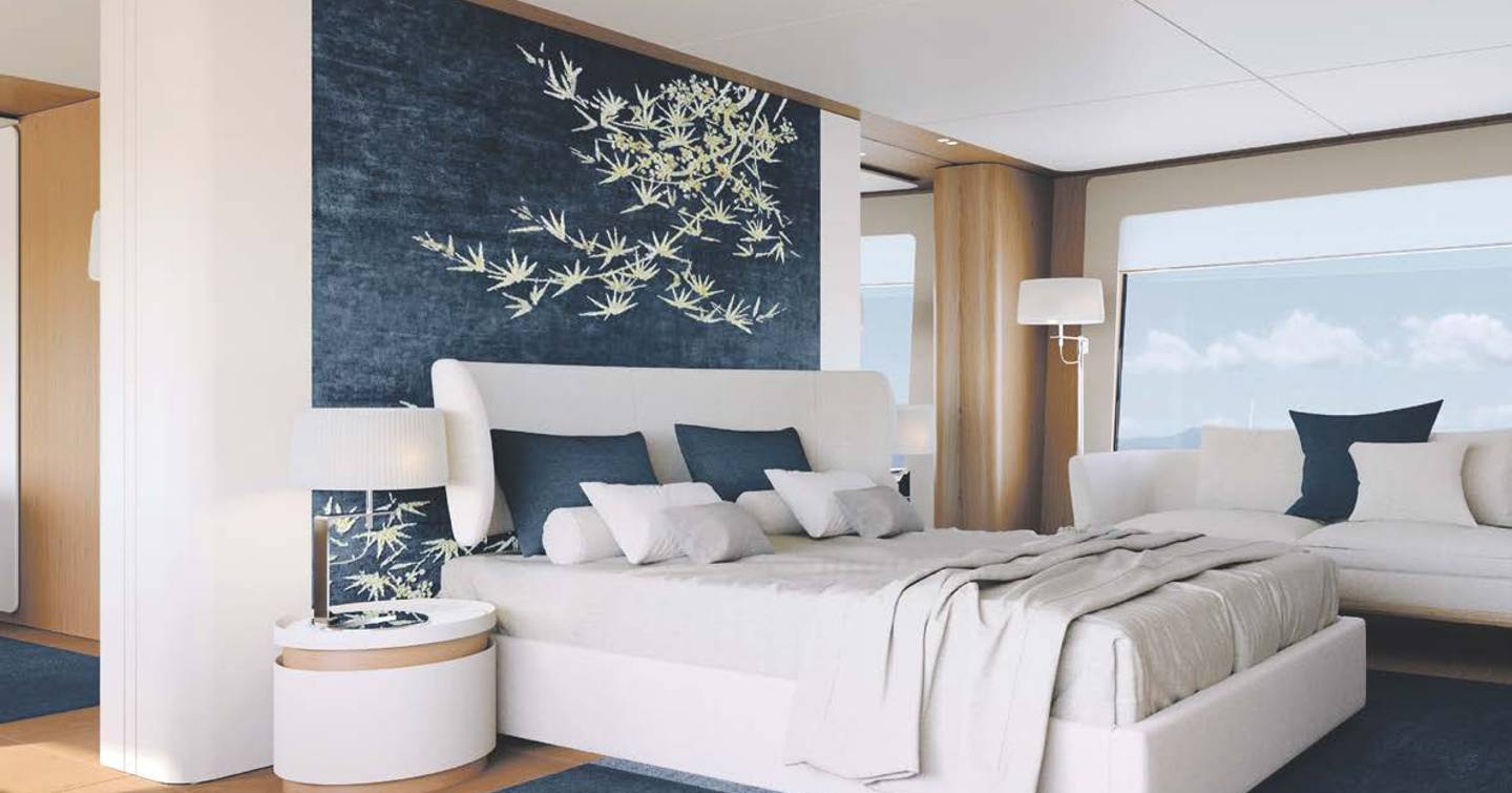 Rendering of Benetti Motopanfilo 45M motor yacht master cabin 