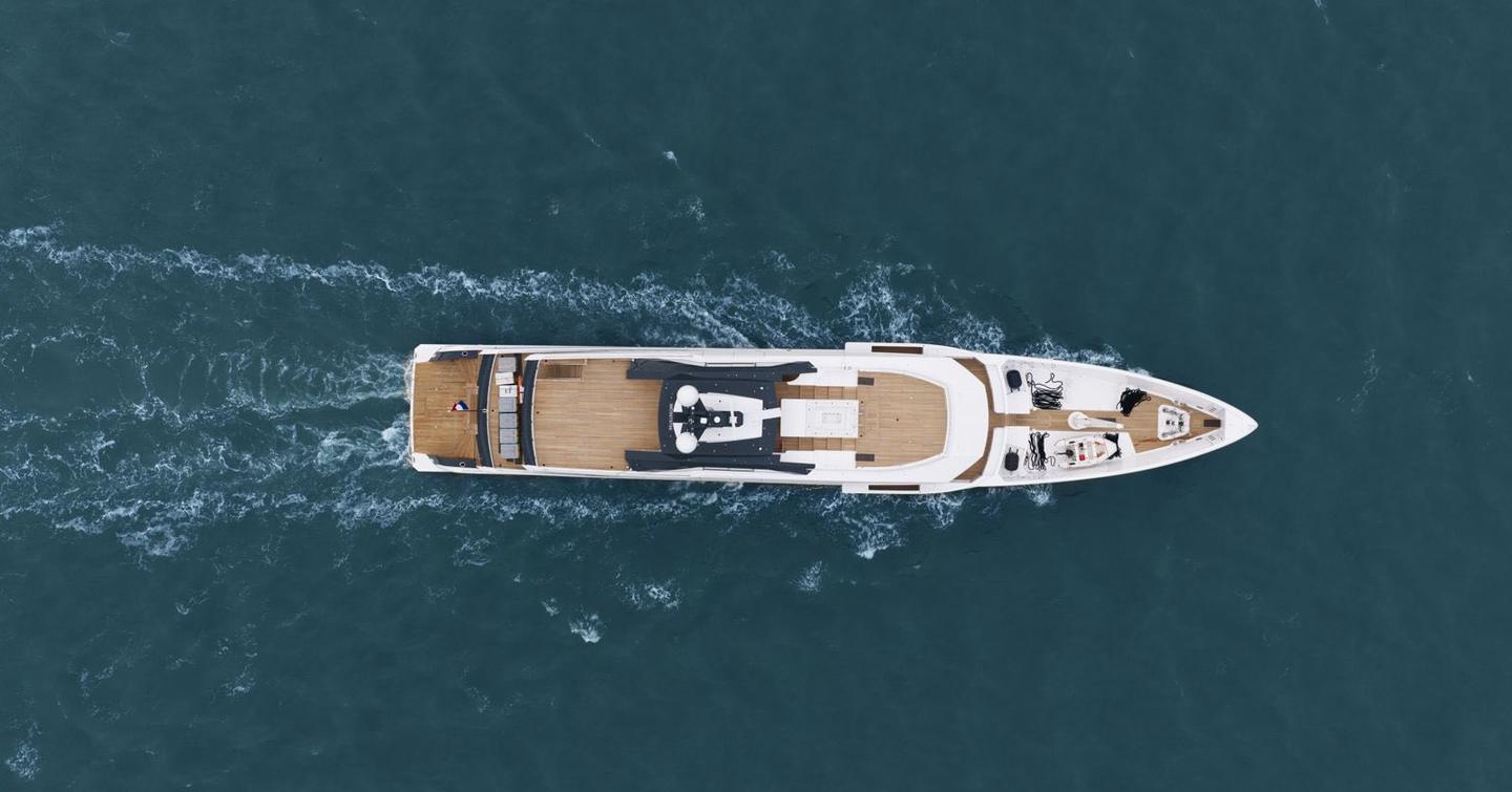Aerial view of Ninth Amels 60 Motor Yacht under way on sea trials 