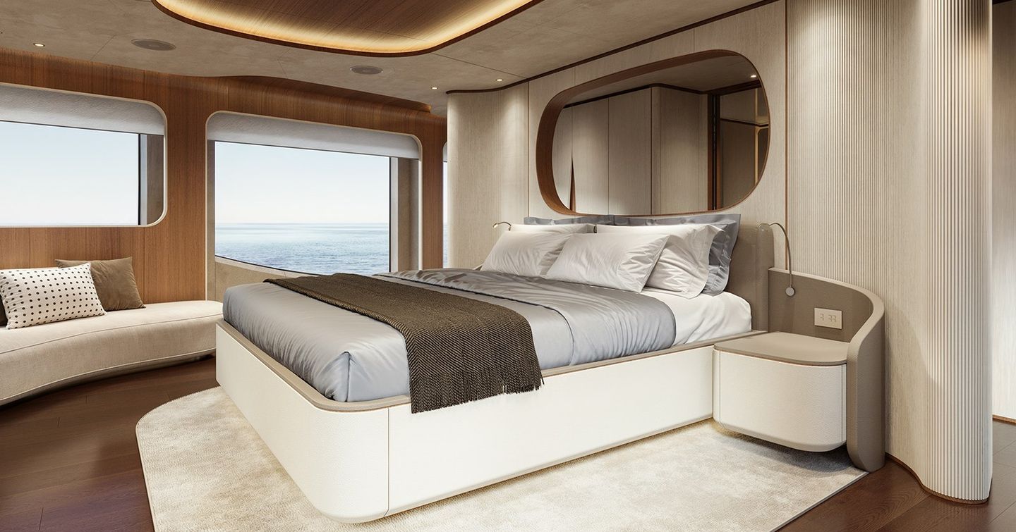 Rendering of the first Maiora 36 Exuma Motor Yacht master cabin