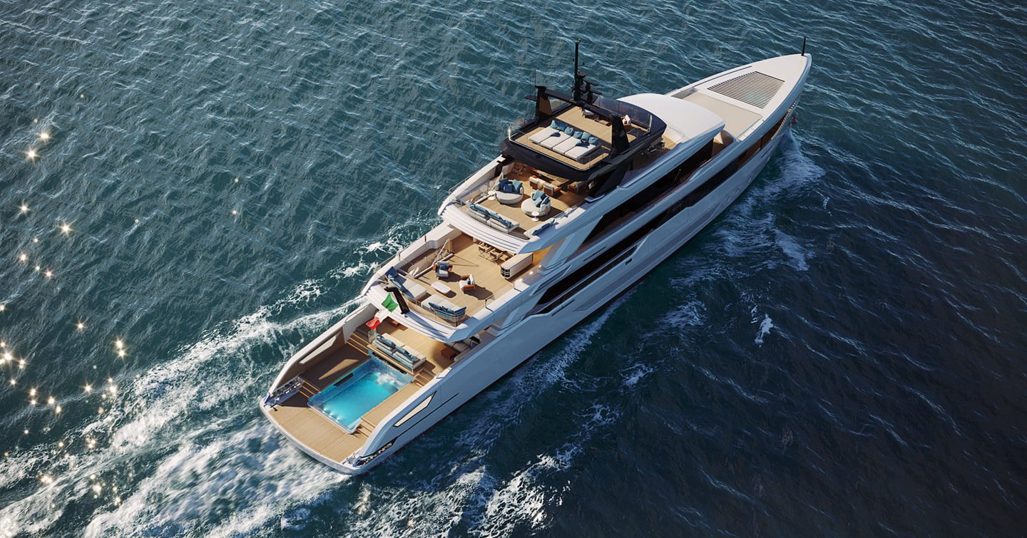 Rendering of Maiora M|53 superyacht under way 