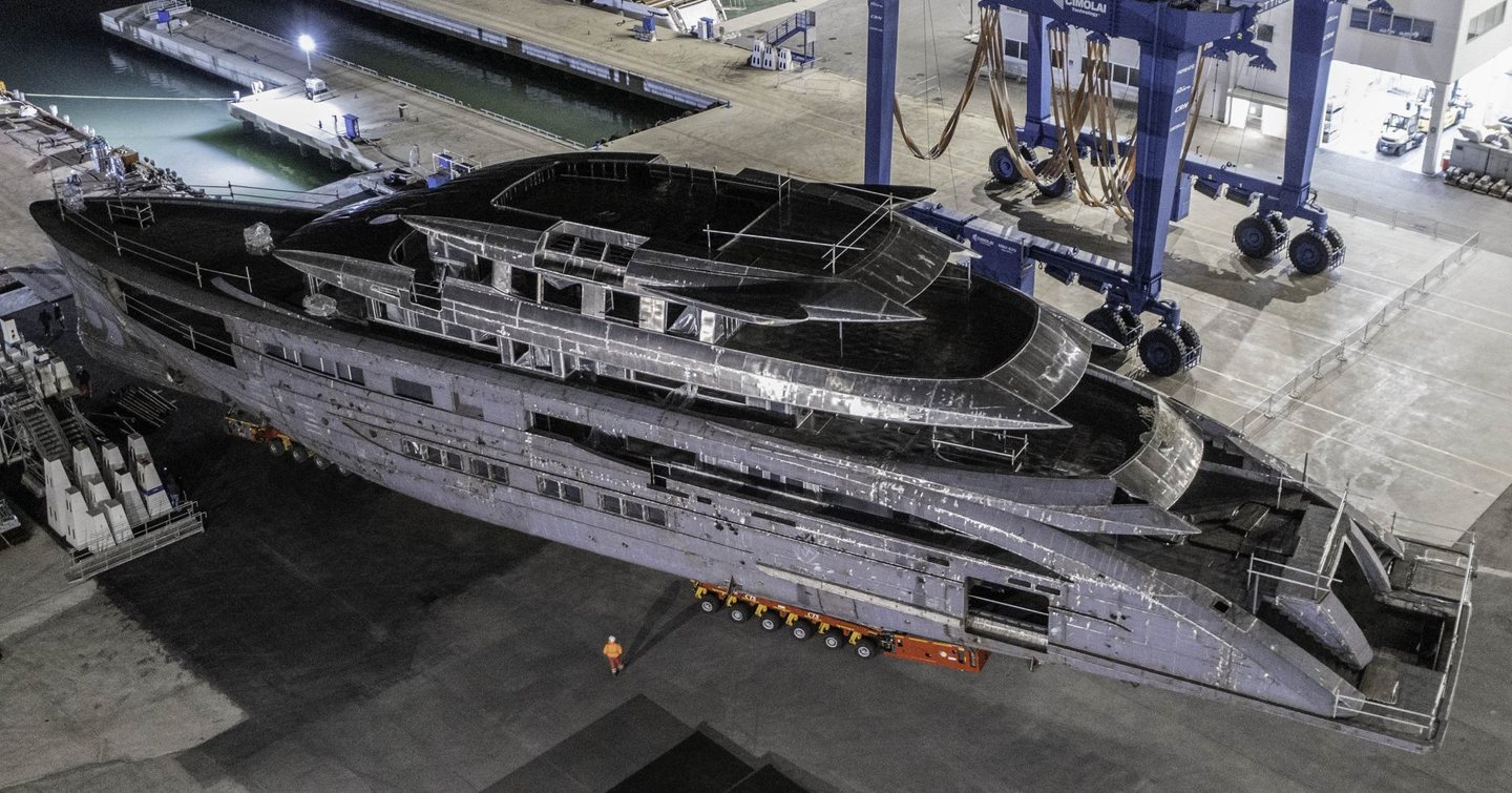 Superyacht Amor à Vida under construction in Ancona viewed from above